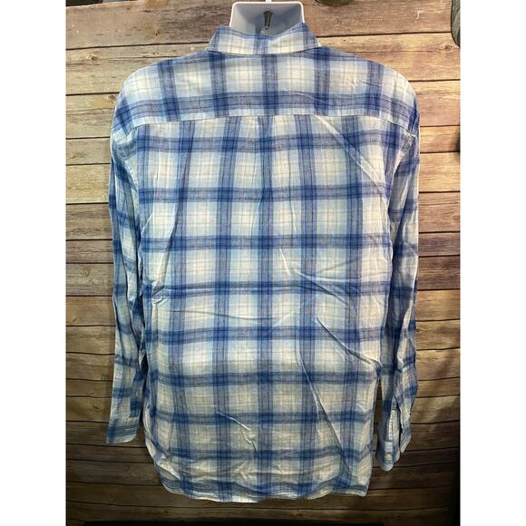 Gap Men’s Plaid Linen Blend Blue Button Down Classic Shirt Long Sleeve XL - Picture 2 of 8